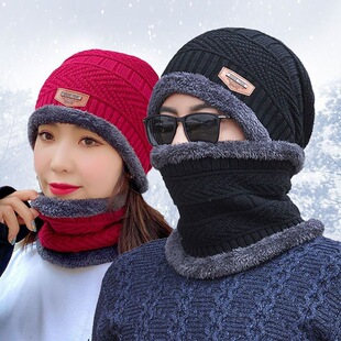 Winter Hat Two-Piece Set for Men and Women, Warm Knitted Woolen Hat Plus Velvet Cycling Cold-Proof Scarf, Men's Cotton Hat Set
