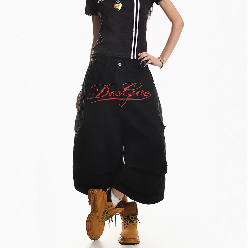 Xpkaeax American High Street Retro Cool Style Embroidered Loose Wide-Leg Workwear Paratrooper Denim Cropped Pants for Women Summer Xpkaeax American High Street Retro Cool Style Embroidered Loose Wide-Leg Workwear Paratrooper Denim Cropped Pants for Women Summer