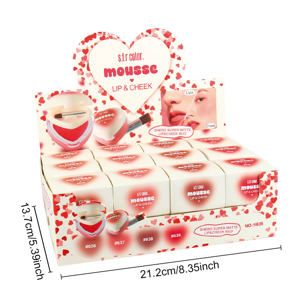 Explosión natural pura quiere mejorar el color de los labios y mejillas de doble uso amor esmalte labial con cepillo de comercio exterior maquillaje al por mayor