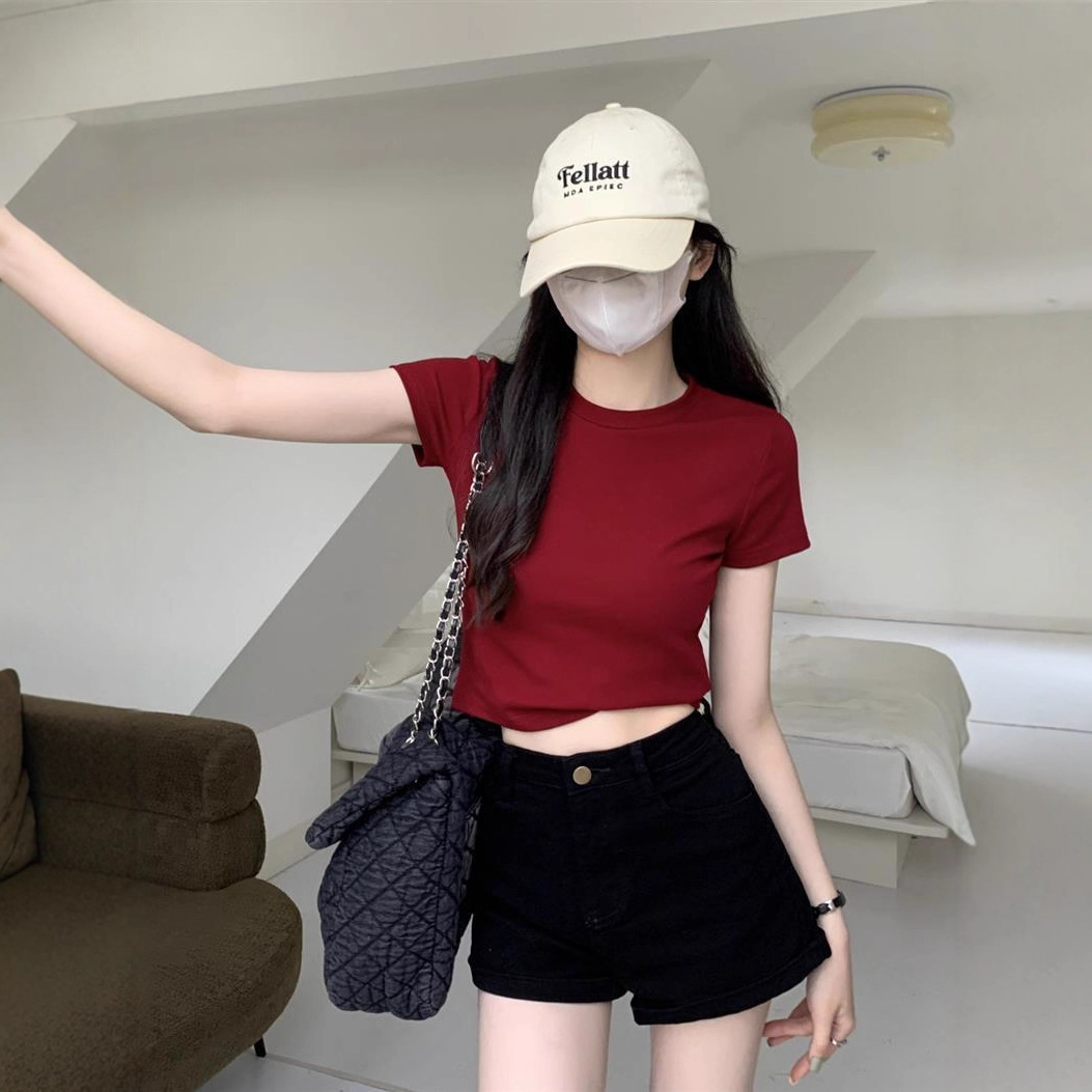 여성 무지 슬림핏 라운드넥 크롭 반팔 티셔츠 여름 데일리 이너