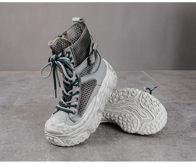 Boot Martin nữ cổ cao da bò thật mặt lưới thoáng khí đế dày bánh xốp — Màu khoai môn chi tiết 17