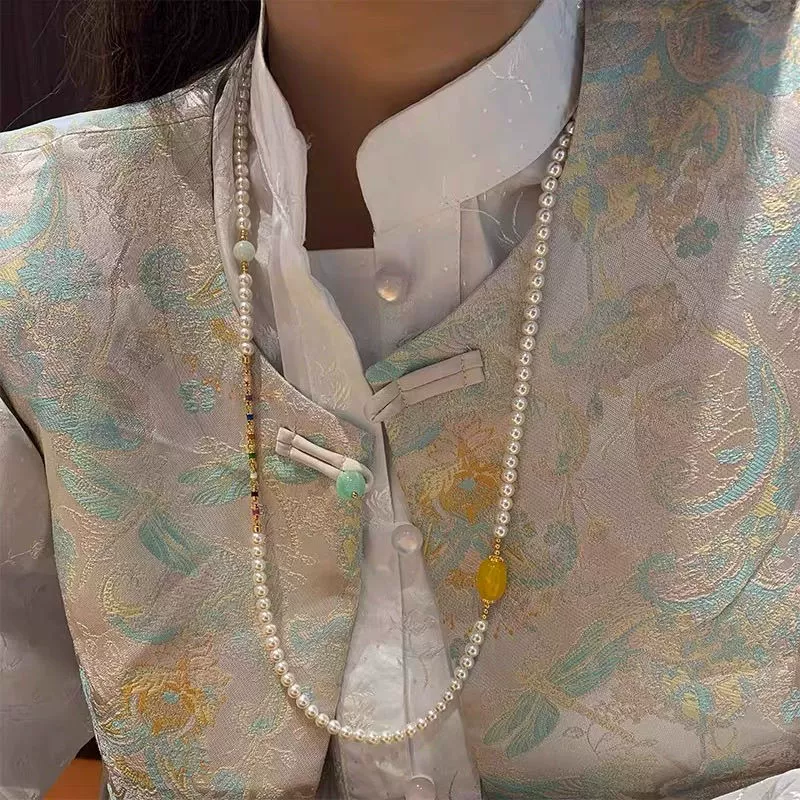 Желтый агат Shijiaao, ожерелье с белым жемчугом, женское французское доступное роскошное нишевое дизайнерское высококачественное элегантное длинное ожерелье на ключице