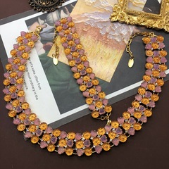 Vintage European and American-style colorful heart-and-flower jelly glass short necklace & bracelet set – woven choker and bangle combo