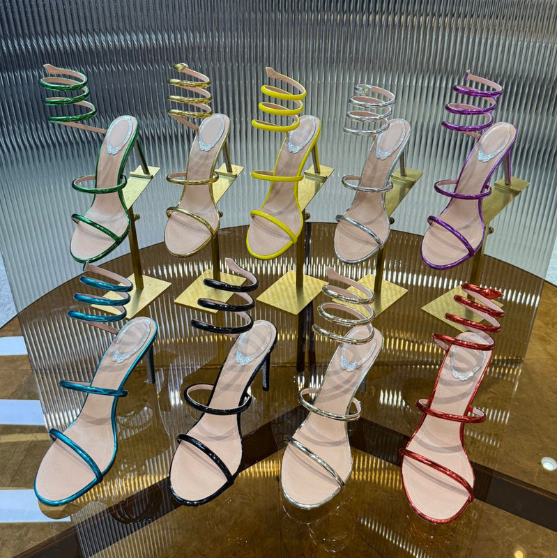 Rc Sandals 2025 New Model Snake-Shaped Winding Designer Dress Shoes Pearlescent Sheepskin Stiletto Heels Classic High Heels