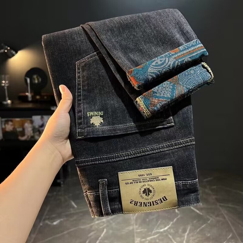 Spring and Autumn Men's genuine goods Explosive Jeans Men's Elastic Slim Fit Small Feet Embroidered Trendy Printed Light Luxury Trousers