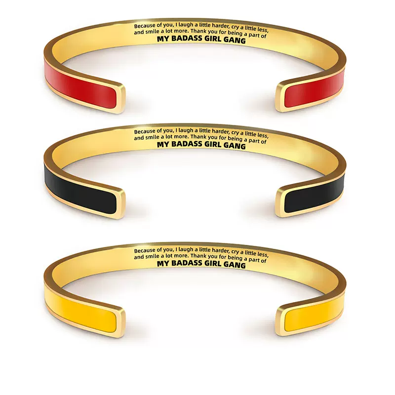 亚马逊跨境新款简约流行多色滴油金色开口不锈钢女刻字款礼品手镯