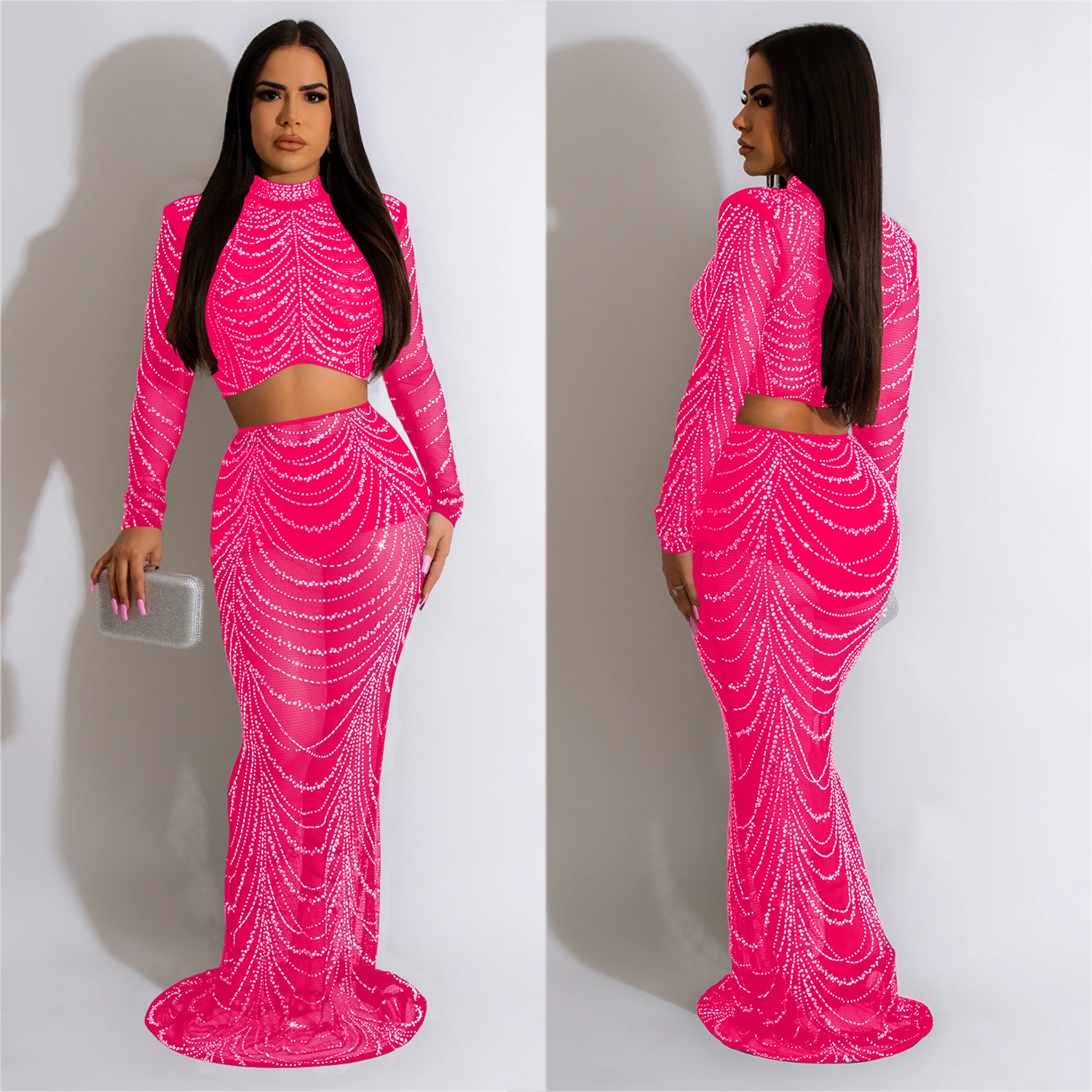 C6318 transfronteriza AliExpress Amazon ropa de mujer de moda europea y americana malla de color sólido rhinestone Vestido de manga larga conjunto de dos piezas