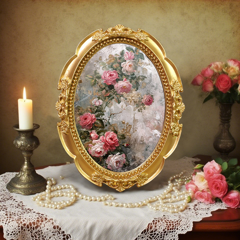 Vintage Carved Golden Oval Resin Photo Frame Baroque Style 5X 7inch Desktop Ornament