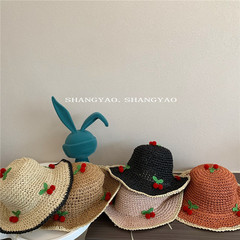 Children's Hat Super Sweet Small Cherry Grass Weave Sunshade Baby Outing Girl Fisherman Hat Beach Outing Personality Grass Hat