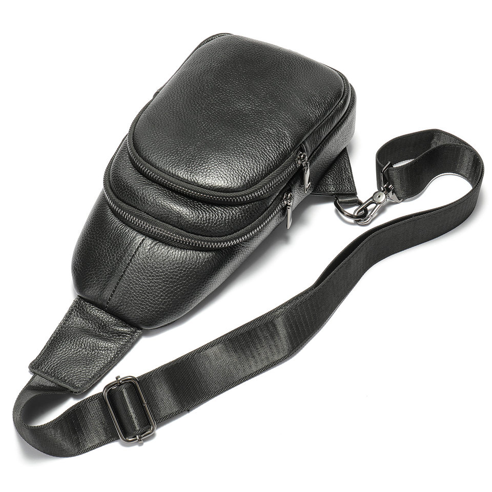 Túi đeo ngực nam da bò thật vân trơn, đựng vừa máy tính bảng 8 inch — Màu đen, Phiên bản nâng cấp màu đen