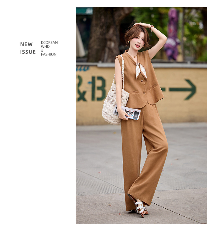 Bộ vest nữ gồm áo gile và quần tây ống đứng cạp cao — màu đen, màu cam, màu trắng ngà chi tiết 15