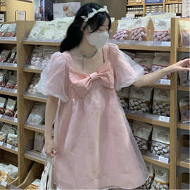 新款夏季甜美蝴蝶结泡泡袖拼接网纱连衣裙小个子裙子跨境热销爆款