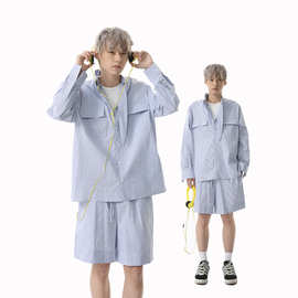 MTLCLOTHES男装|日系小格子长袖衬衣休闲短裤百搭日常休闲套装潮