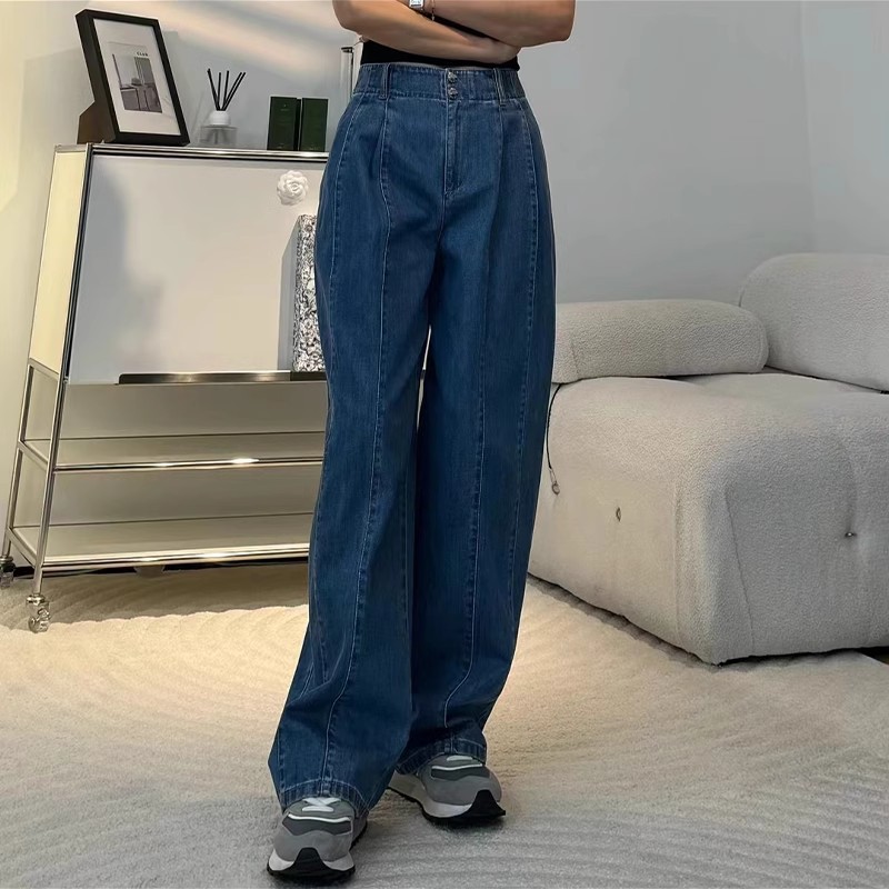 Quần jean nữ ống rộng cạp cao dáng chuối xếp ly denim dễ phối — Màu xanh lam chi tiết 3