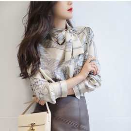 衬衫女长袖秋季2023新款蝴蝶结洋气印花衬衣宽松设计感法式上衣