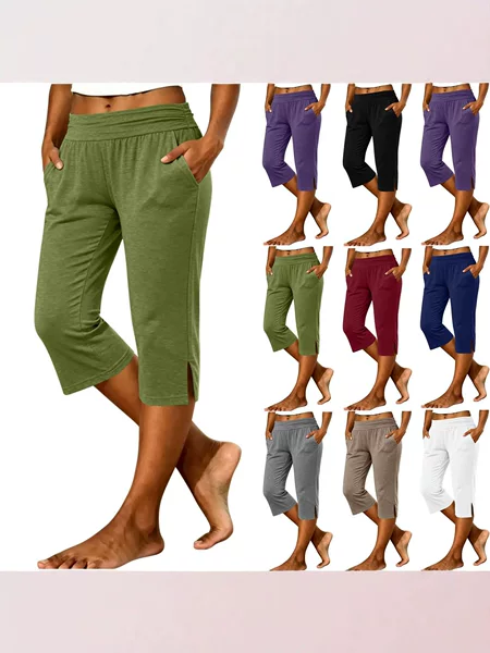 2026 Amazon European and American Cross-Border Women's Solid Color Simple Loose Elastic Pocket Sports Casual Pants Cropped Pants
