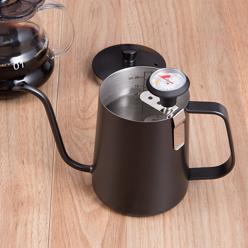 Cafetera de mano Taza de café negra con orejas colgantes con tapa, olla de preparación, juego de utensilios de café de boca larga, 600ml de espesor