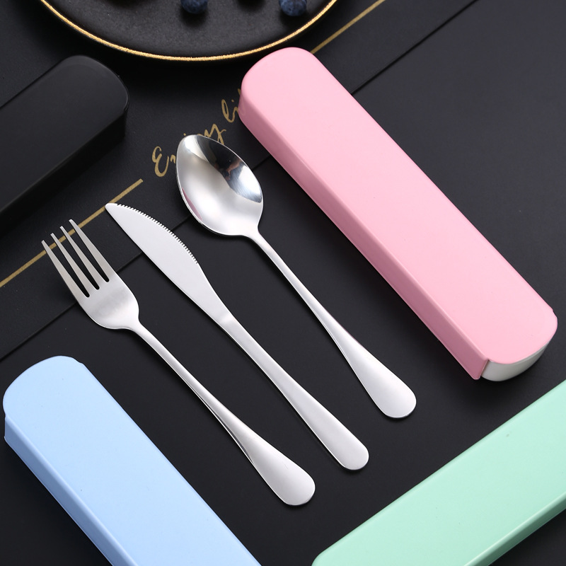 Juego portátil de cubiertos de acero inoxidable, incluye cuchillo, tenedor y cuchara, ideal para estudiantes o camping