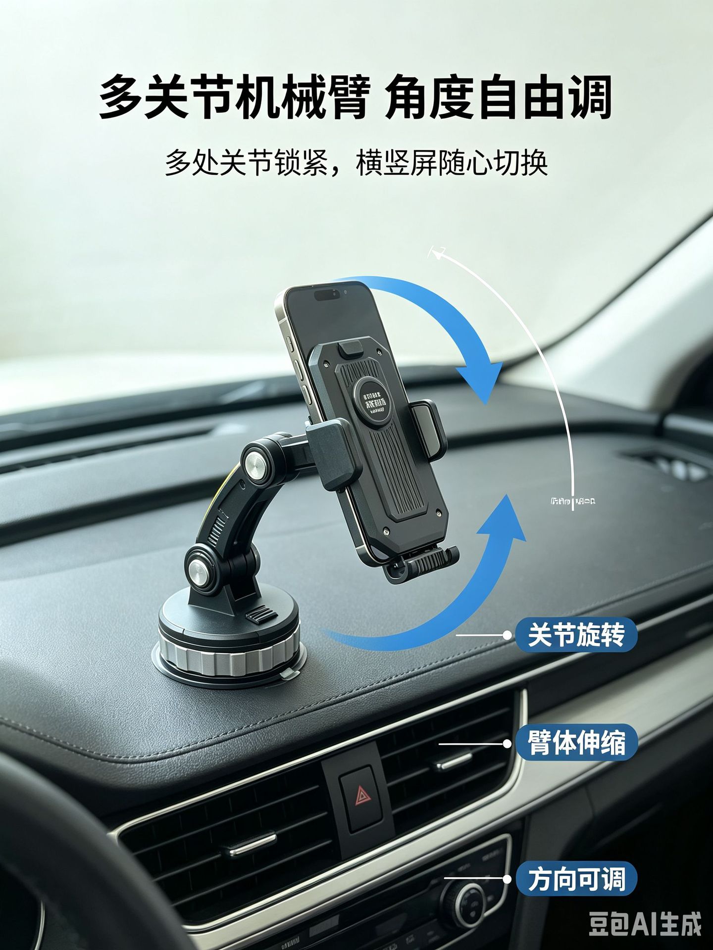 New car phone holder with vacuum suction cup, designed for stable mounting on the car’s center console or dashboard, and universally compatible with various car models