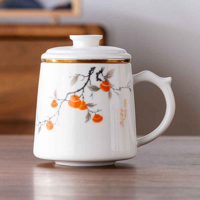羊脂玉茶杯陶磁器茶水分離オフィスカップ国潮文創水杯会社年次総会ビジネスお土産|undefined