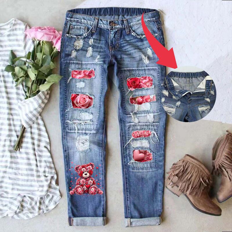 European and American Cross-Border DIY Valentine's Day Printed Mid-Waist Straight Elastic Belt Women's Ripped Fashion Jeans