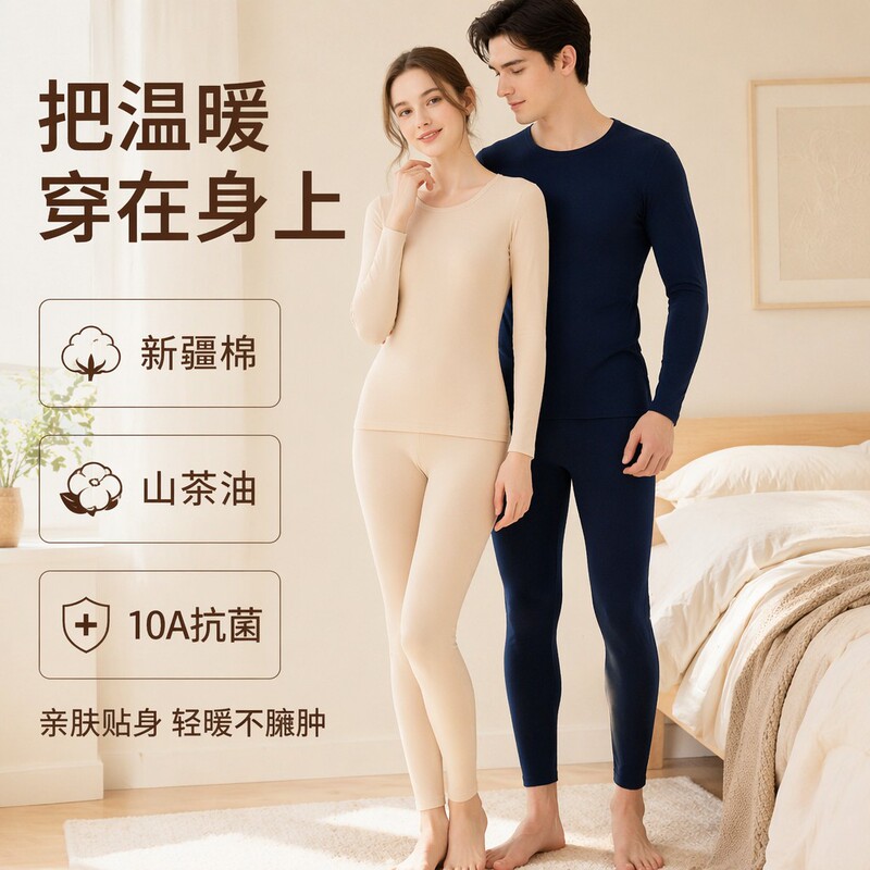 95% Xinjiang Cotton Antibacterial Camellia Oil Thermal Underwear Set for Couples, Thin and Stretchy, Winter Thermal Underwear for Men and Women