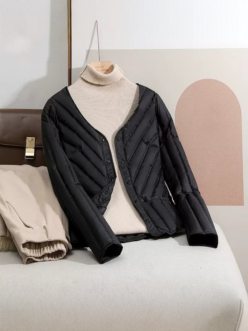 Transfronterizo Tik Tok90 camisa de plumón para mujeres corto ligero invierno invierno cuello redondo cuello en V chaqueta casual