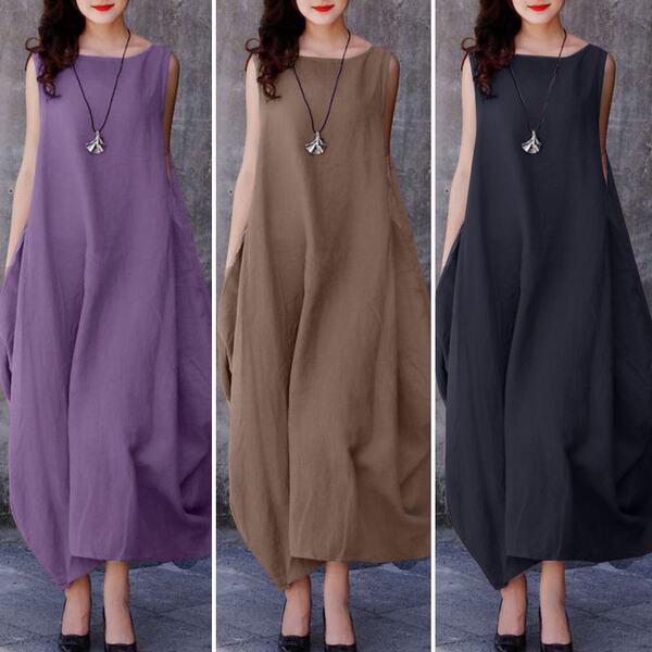 Summer dress with a round collar sleevless with pockets