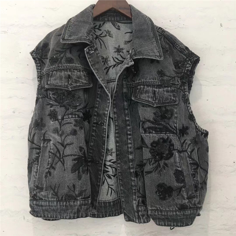 2026 primavera chaleco denim nuevo suelto delgado retro hacer vieja chaqueta bordada de sequillas chaqueta superior