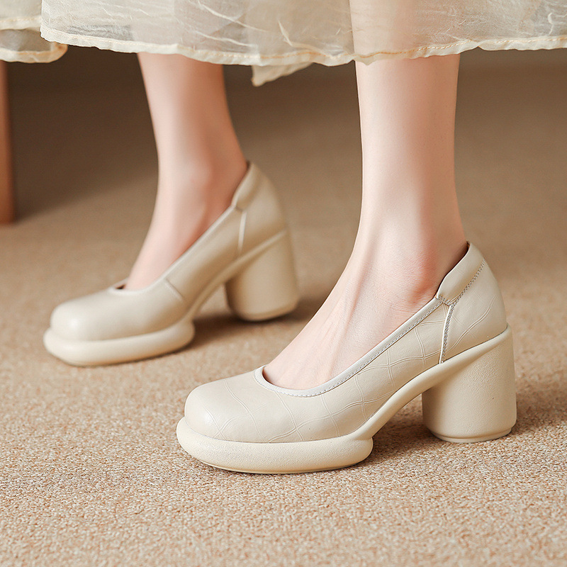 Giày cao gót nữ đế dày platform miệng nông gót vuông 8 cm — nâu chi tiết 7