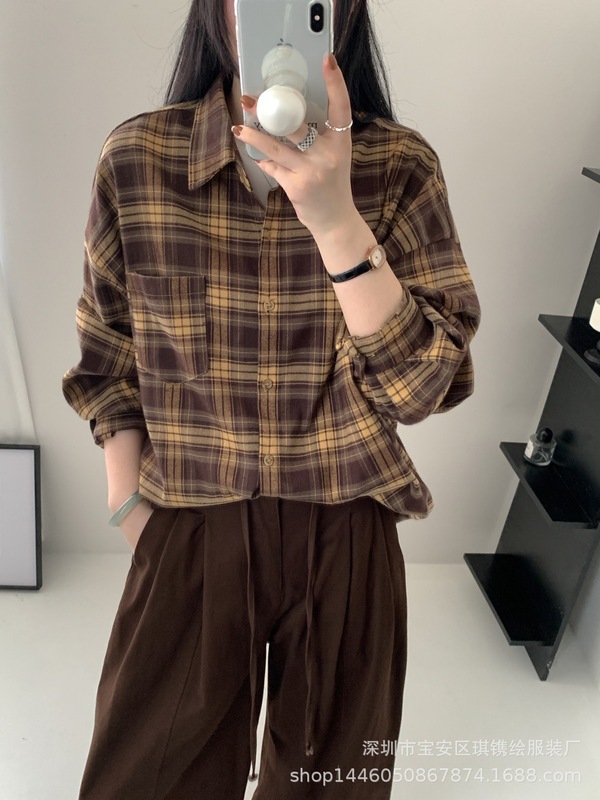 琪镌绘制秋季格子衬衫女装长袖上衣韩系宽松慵懒风开衫衬衣728254|undefined