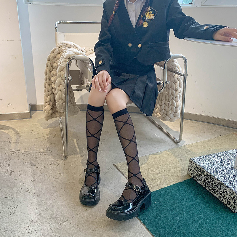 Calcetines de mujer JK estilo adulto calcetines de becerro ins diamante Cruz color sólido blanco y negro transparente medias altas medias al por mayor