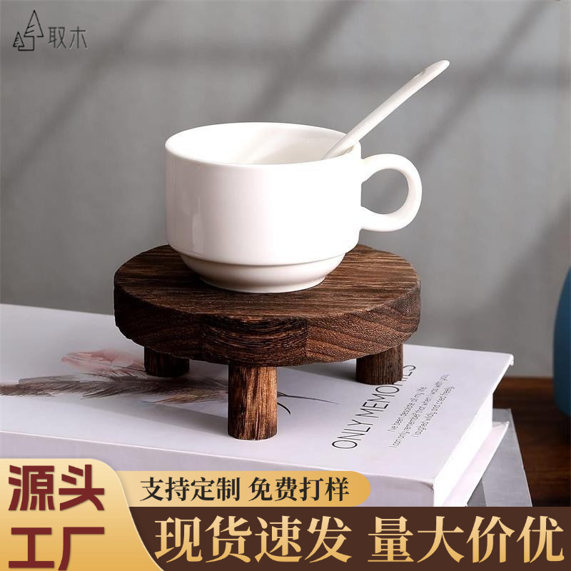 Soporte base de taza de café marrón de madera rústica, bandeja de madera de nogal negro, maceta redonda, soporte inferior carnoso