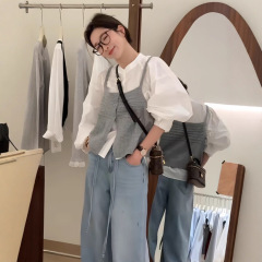 宽松长袖白色衬衫女开春韩系小众穿搭针织背心上衣两件套洋气衬衣