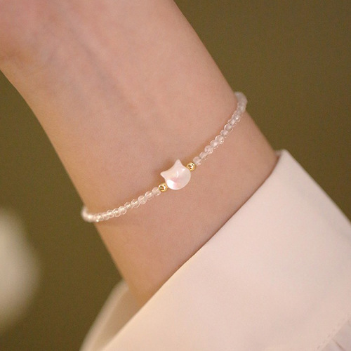 Face-cut White Crystal Shell Cat Bracelet for Women, Unique Design, Friend Bracelet, Sweet Feeling Mother-of-pearl Bracelet