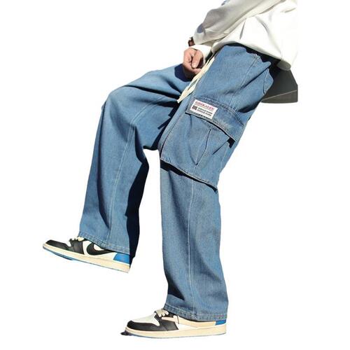 Workwear jeans for men, American-style washed retro streetwear versatile multi-pocket straight leg loose casual wide-leg