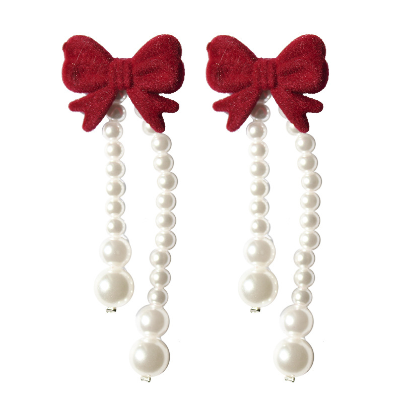 Pearl Velvet Wine Red Bow Retro Alloy Earrings Ear Clips display picture 4