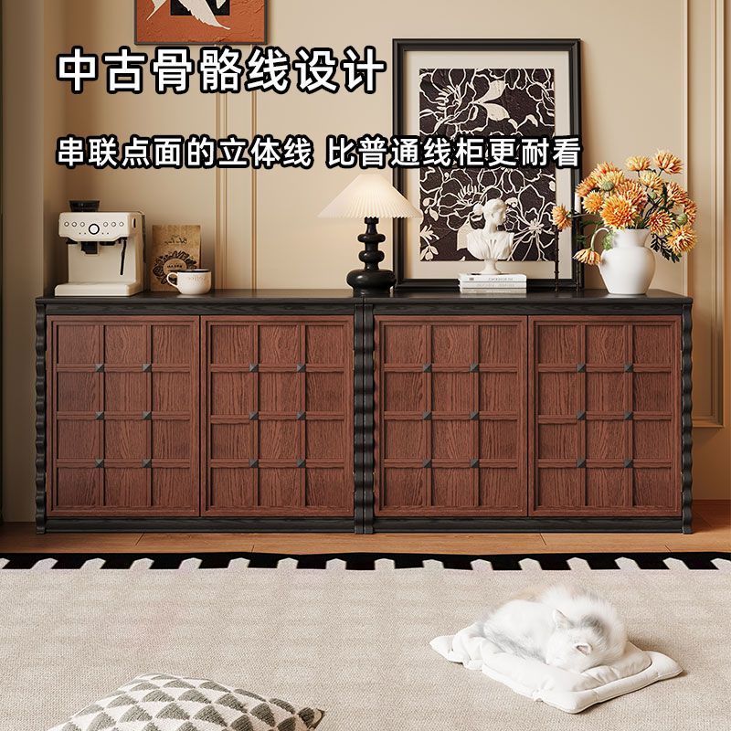 Retro Style French Mid-Century Style Solid Wood Tv Cabinet Module Living Room Complete Set of Combination Storage Cabinet Skeleton Line Floor Cabinet