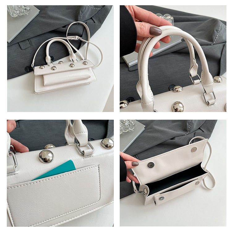 772g Weight Rivet Fashion Element Magnetic Buckle Closure Type Single Shoulder Strap, Top Handle Strap Type Handbag, Crossbody Bag Bags Type Daily Occasion Pu Leather Material Solid Color Pattern All Seasons Season Women's Gender Classic Style Style Square Shape Small Size Women's Small Pu Leather Solid Color Classic Style Rivet Square Magnetic Buckle Handbag Crossbody Bag 13
