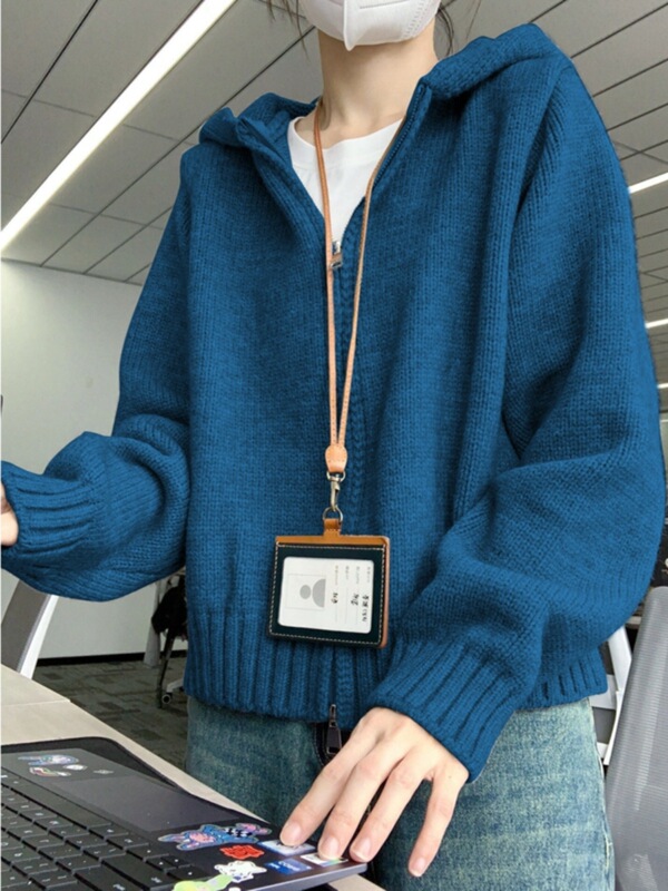 Trendy Student Hooded Sweatshirt Knitted Cardigan Sweater for Women Autumn and Winter Fashion Soft Solid Color Versatile Jacket Top Thick Trendy Student Hooded Sweatshirt Knitted Cardigan Sweater for Women Autumn and Winter Fashion Soft Solid Color Versatile Jacket Top Thick