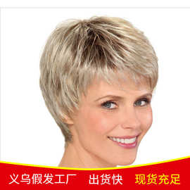 新款外贸中老年假发女短卷发灰金渐变色头套跨境 欧美假发短发套