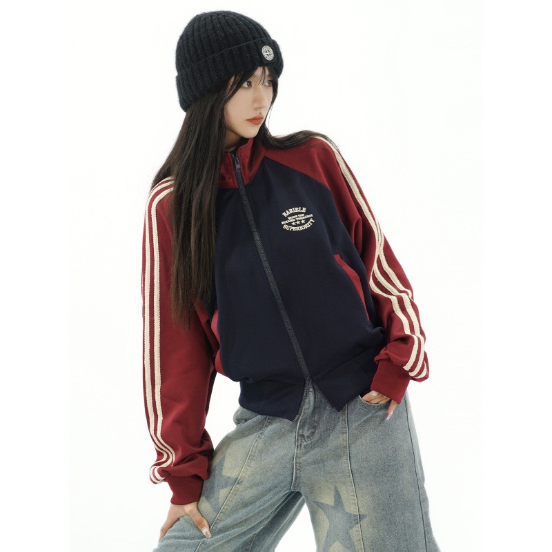 American Retro College Style Hottie Short Zipper Cardigan Women's Striped Color Block Stand Collar Casual Jacket