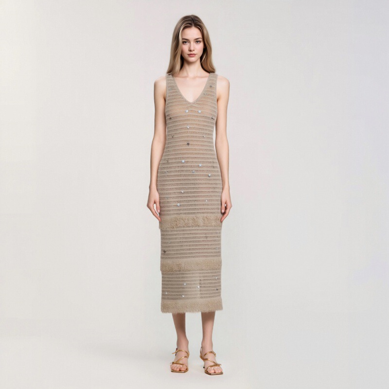 Cross-Border Foreign Trade Spring and Summer Elegant Ladylike Apricot Color V-Neck Sleeveless Hollow-Out Sequin Beach Style Mid-Length Knitted Dress Cross-Border Foreign Trade Spring and Summer Elegant Ladylike Apricot Color V-Neck Sleeveless Hollow-Out Sequin Beach Style Mid-Length Knitted Dress
