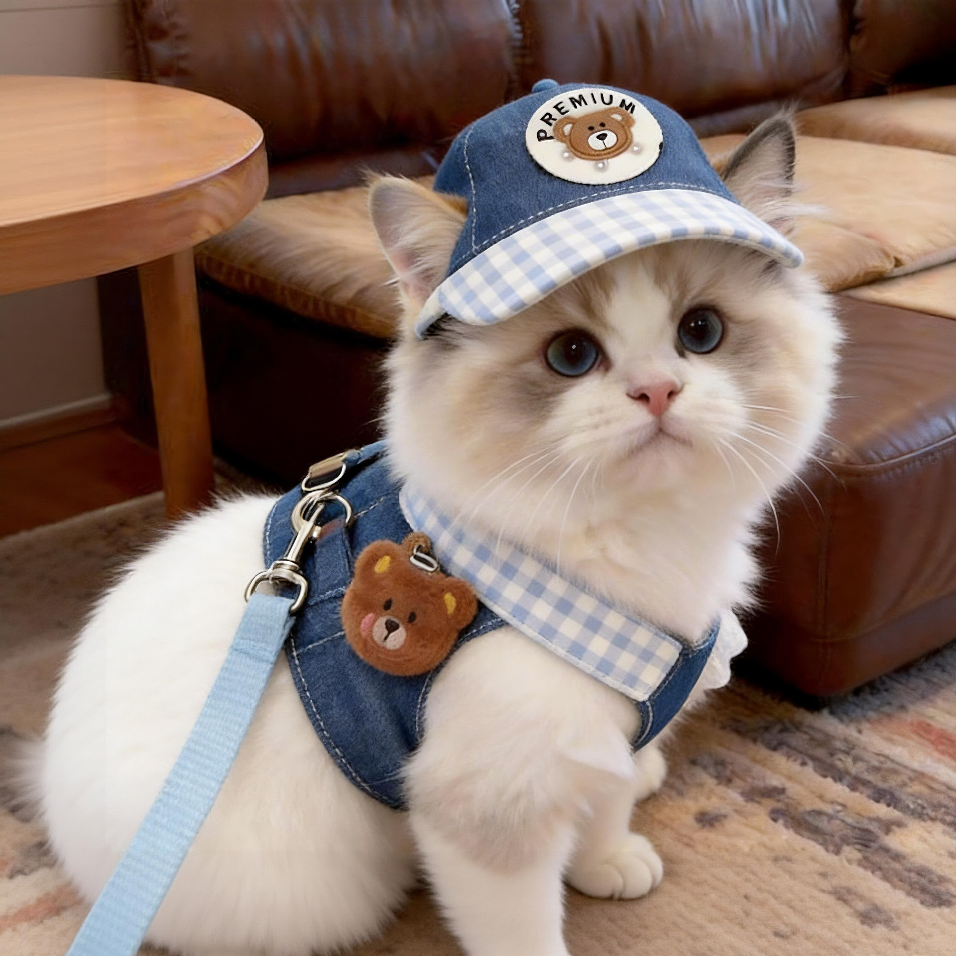 Pet Harness and Leash Set for Cats, Cute and Breathable Denim Hat for Spring and Summer Outings, Suitable for Kittens and Young Cats