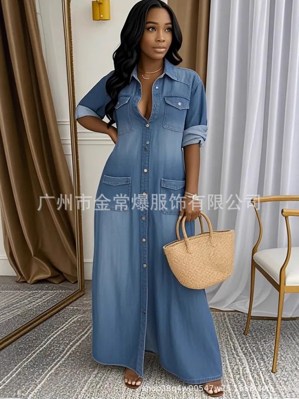2025 ヨーロッパとアメリカのクロスボーダー Amazon 外国貿易婦人服ファッションウォッシュカジュアル長袖シャツドレスルーズロングスカート|undefined