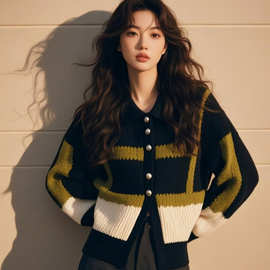 外贸2025秋冬新款毛衣复古撞色设计感翻领小香风长袖针织开衫上衣