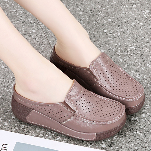 Summer Genuine Leather Outerwear Slip-On Half-Pull-on Sandals for Women, Thick Sole with Holes and Platform, for Middle-Aged and Elderly Mothers, One-Strap Slippers