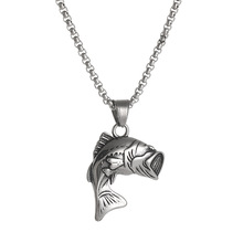 亚马逊跨境新款个性大口鲈鱼项链渔夫不锈钢跳鲈鱼吊坠小众气质链
