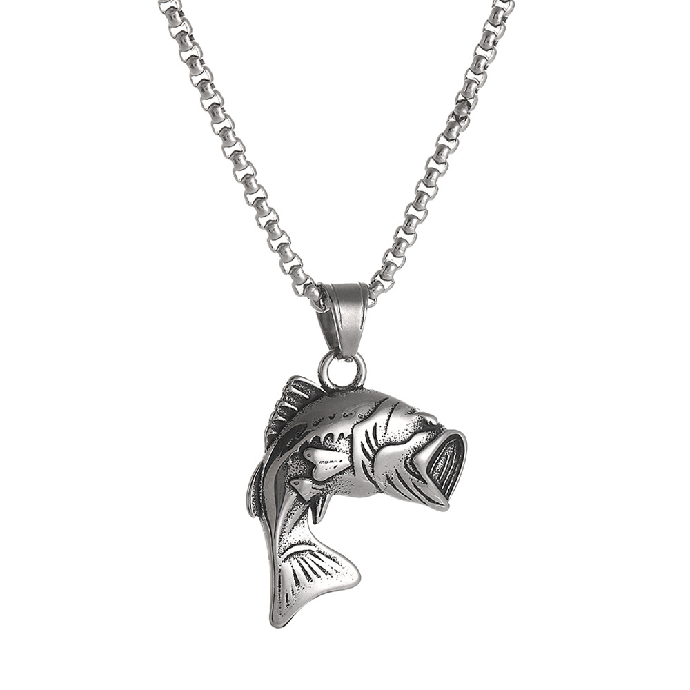 亚马逊跨境新款个性大口鲈鱼项链渔夫不锈钢跳鲈鱼吊坠小众气质链
