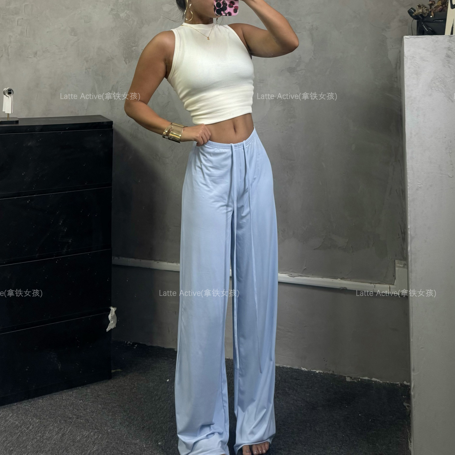 Latte girl se ve delgado, pantalones rectos, pantalones anchos deportivos sueltos para mujer, pantalones colgantes de seda de hielo frescos